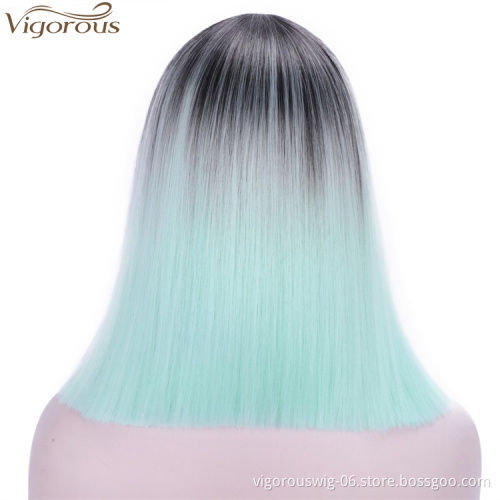 Vigorous 14 inches Short Straight Bob Wig 2 Tone Ombre Green Middle Part Heat Resistant Synthetic Cosplay Daily Use For Women